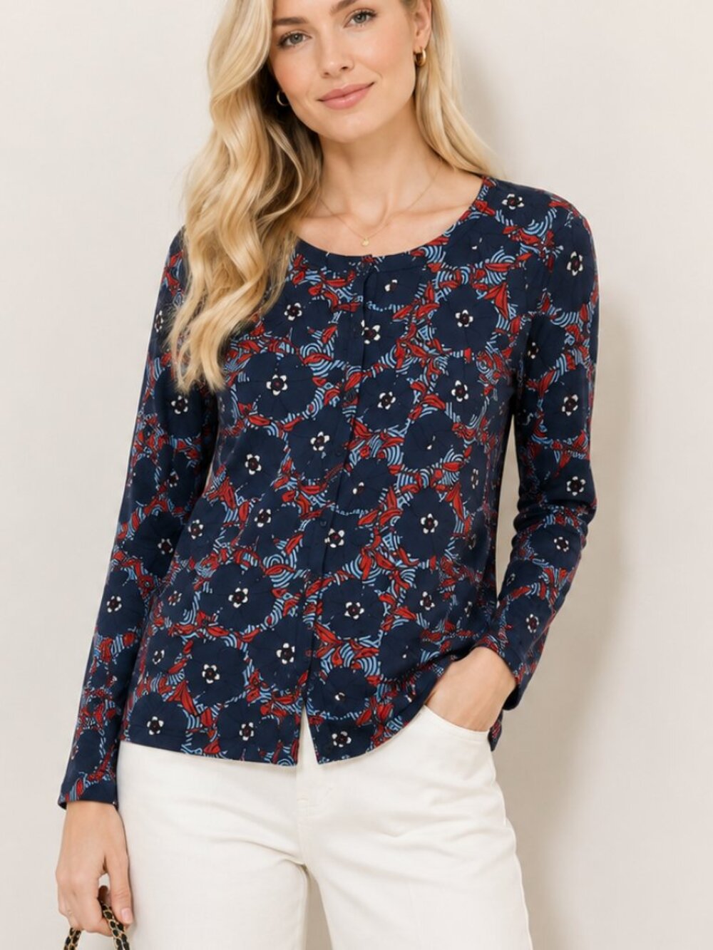 Talbots Floral Print Button Front Cardigan Navy Red Cotton Rayon Knit Sweater L